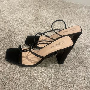 Nasty Gal black strappy faux leather block heeled mules